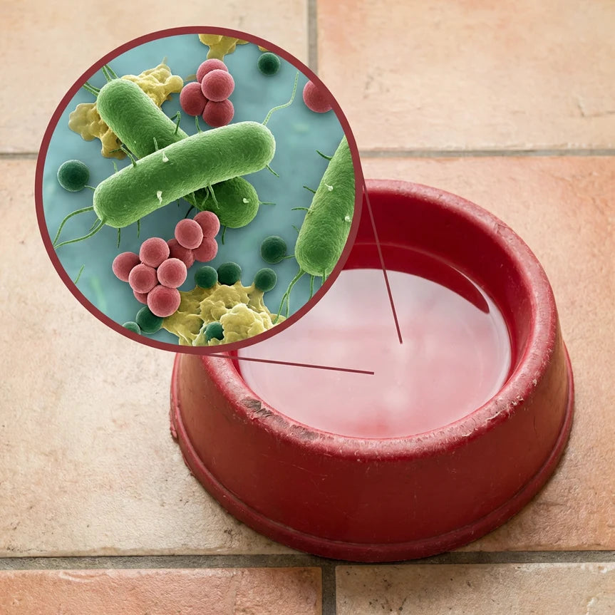 Dirty dog water bowl with bacteria